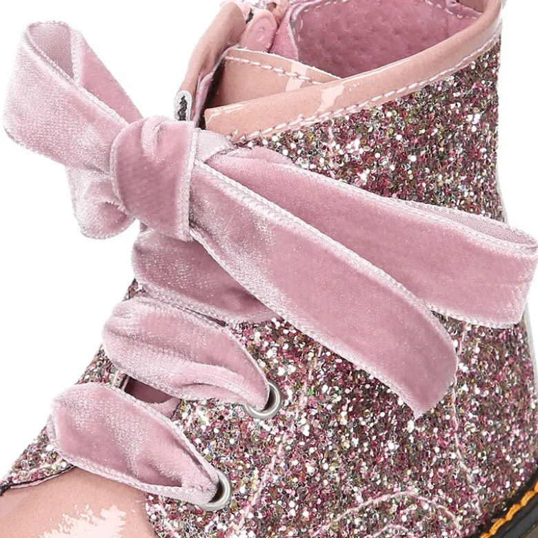 Botita ROCKERA niña lazos terciopelo en piel charol con GLITTER.