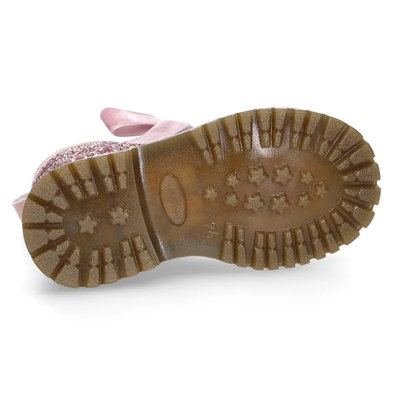 Botita ROCKERA niña lazos terciopelo en piel charol con GLITTER.