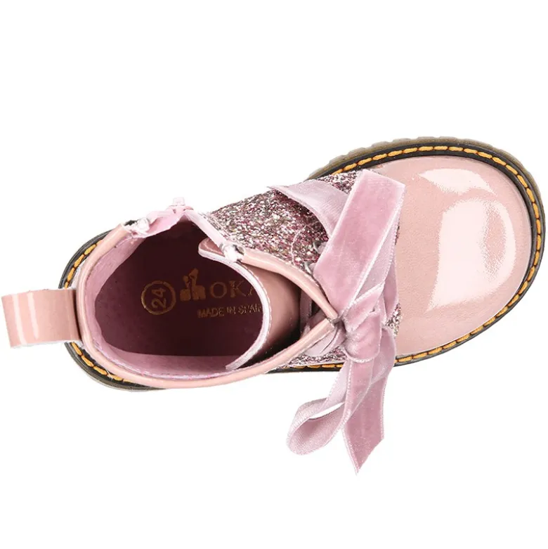 Botita ROCKERA niña lazos terciopelo en piel charol con GLITTER.