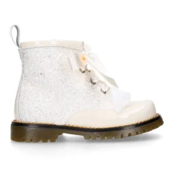 Botita ROCKERA niña lengüeta pelo y lazos seda en piel charol con GLITTER MARFIL.