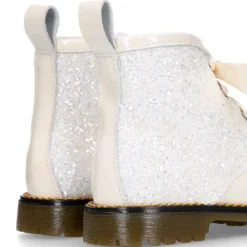Botita ROCKERA niña lengüeta pelo y lazos seda en piel charol con GLITTER MARFIL.