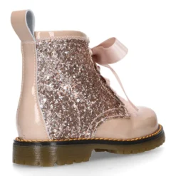 Botita ROCKERA niña lengüeta pelo y lazos seda en piel charol con GLITTER.