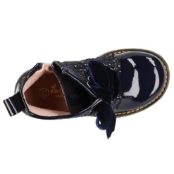 Botita rockera para niña con lazos de terciopelo en piel charol de colores con Glitter
