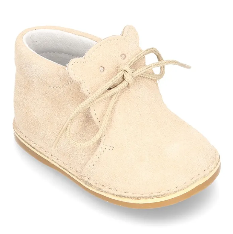 Botita Safari bebé osito con suela SUPER FLEXIBLE en piel serraje en colores pasteles.