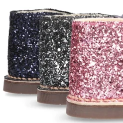 Botita Safari niña en piel serraje con GLITTER y lazos de terciopelo.