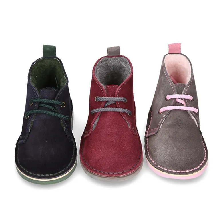Botita safari niños cordones con BORREGO interior en piel serraje.