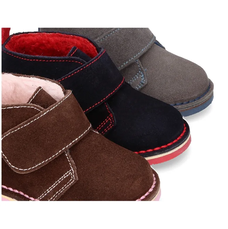 Botita safari niños sin cordones con BORREGO interior en piel serraje.