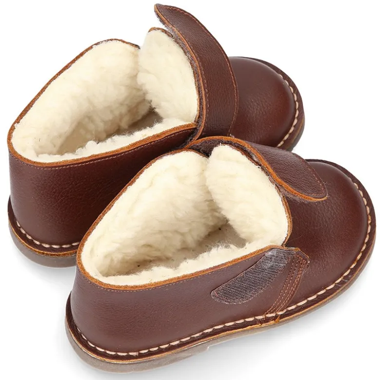 Botita safari niños sin cordones con BORREGO interior en piel CUERO.