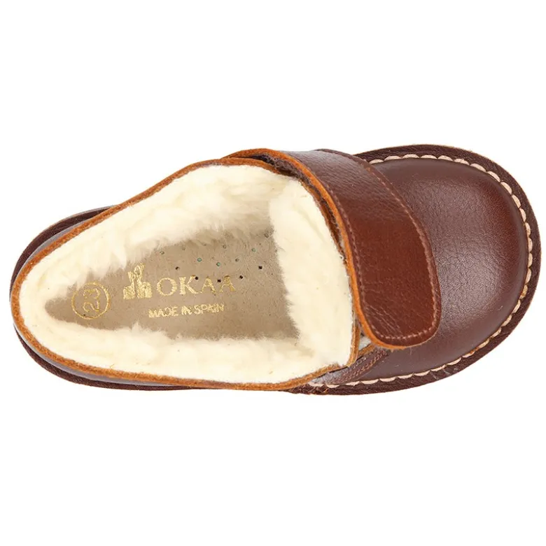 Botita safari niños sin cordones con BORREGO interior en piel CUERO.