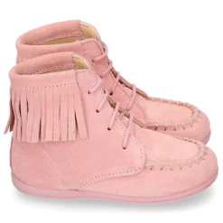 Botita tipo MOHICANA niña con cordones y flecos en piel serraje ROSA.