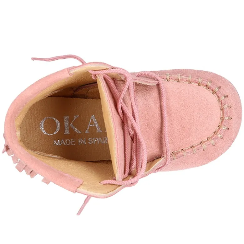 Botita tipo MOHICANA niña con cordones y flecos en piel serraje ROSA.