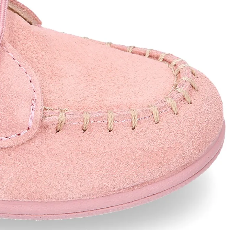 Botita tipo MOHICANA niña con cordones y flecos en piel serraje ROSA.