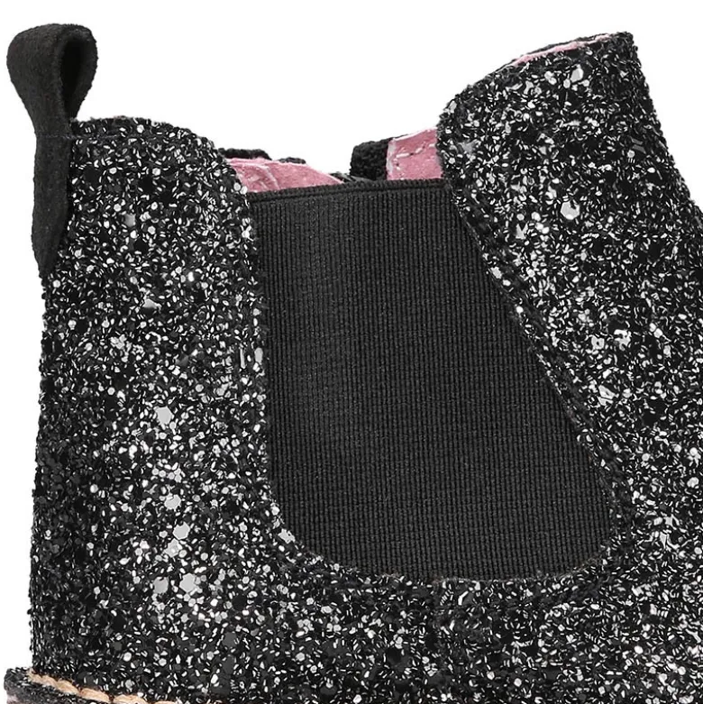 Botín niña con elástico y cremallera en piel GLITTER NEGRO.