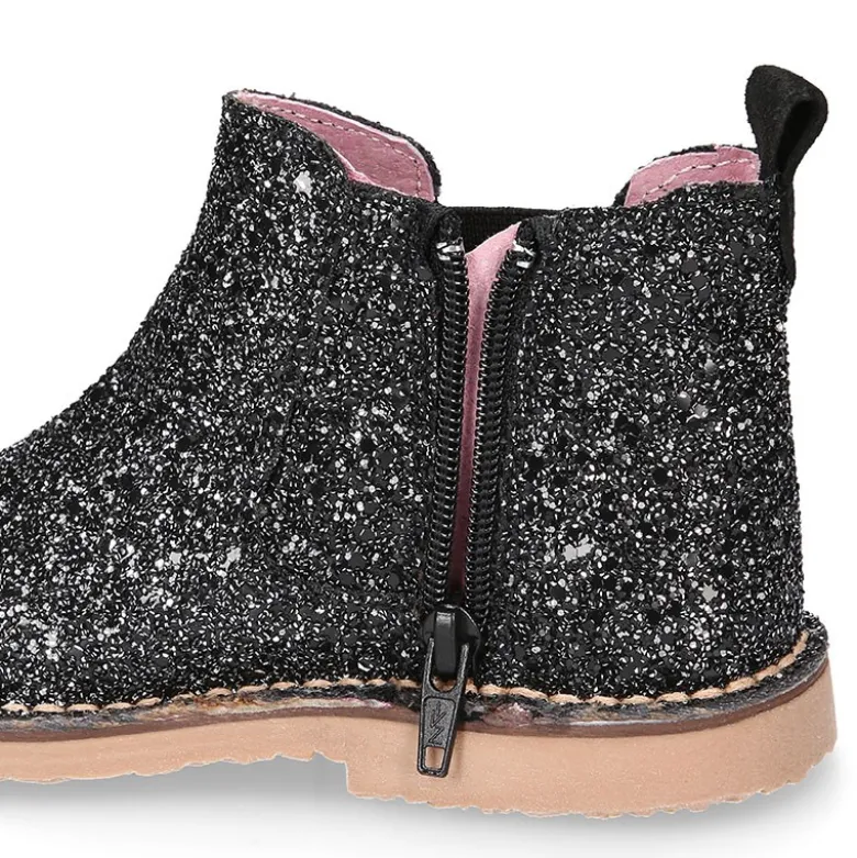 Botín niña con elástico y cremallera en piel GLITTER NEGRO.