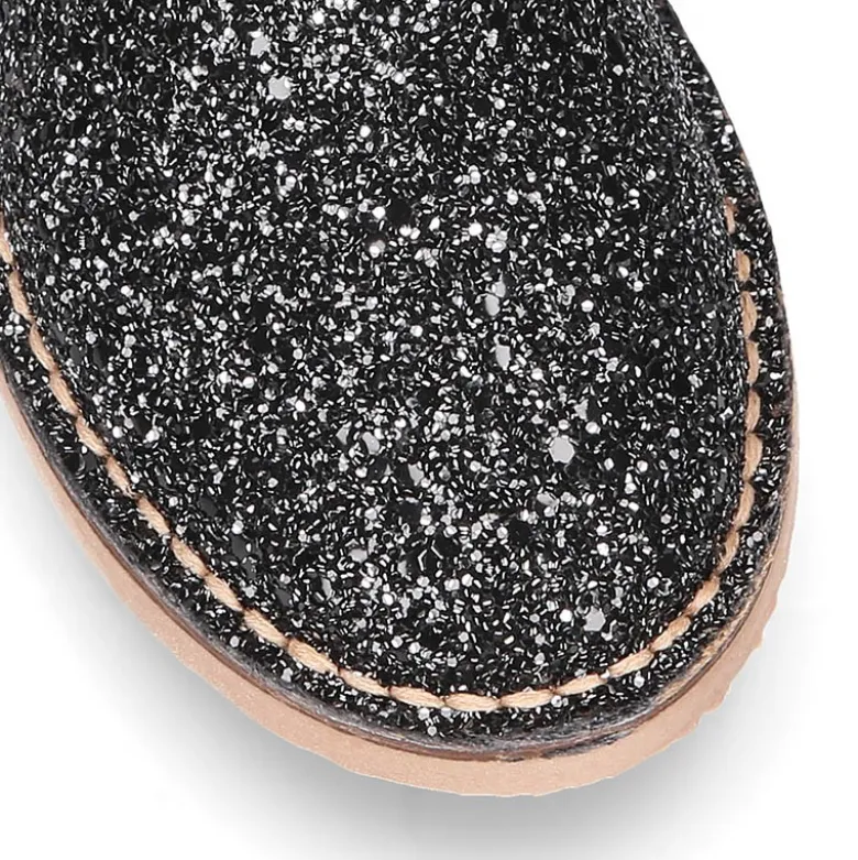 Botín niña con elástico y cremallera en piel GLITTER NEGRO.
