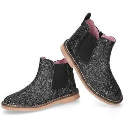 Botín niña con elástico y cremallera en piel GLITTER NEGRO.
