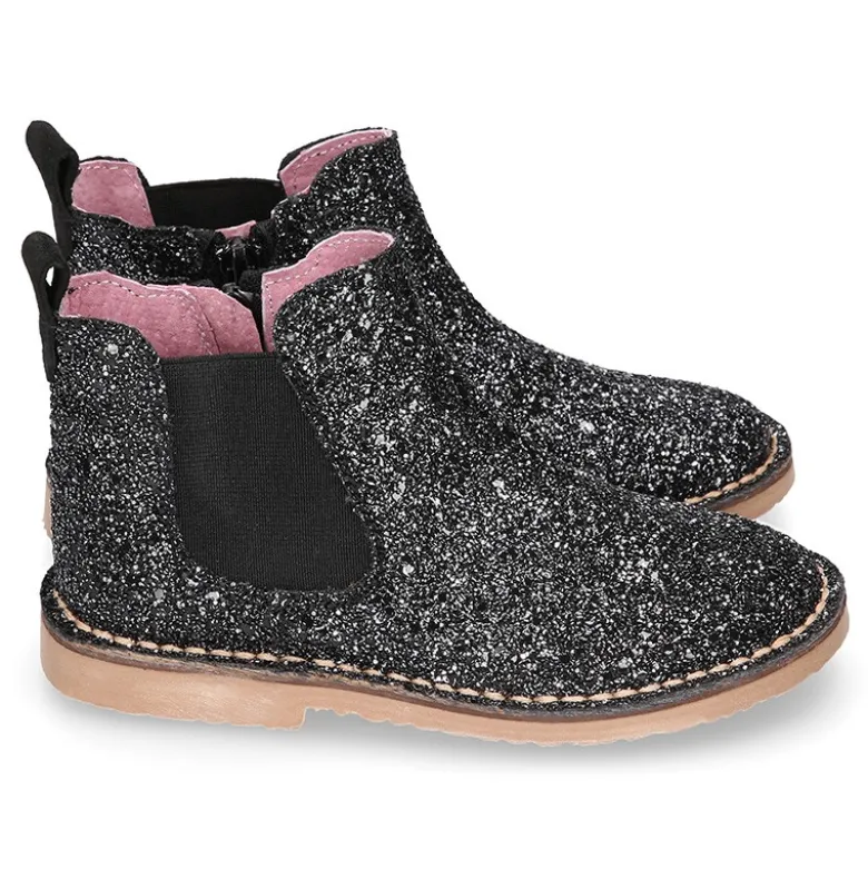 Botín niña con elástico y cremallera en piel GLITTER NEGRO.
