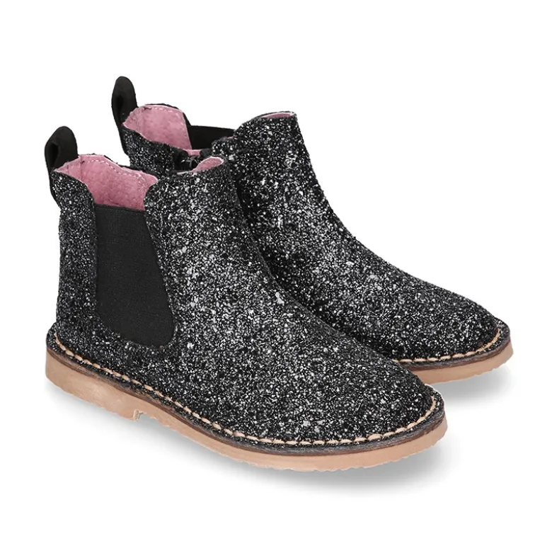 Botín niña con elástico y cremallera en piel GLITTER NEGRO.