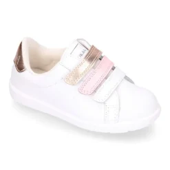 Deportiva niña sin cordones con triple cierre adherente combinado en piel lavable.