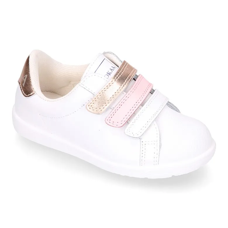 Deportiva niña sin cordones con triple cierre adherente combinado en piel lavable.