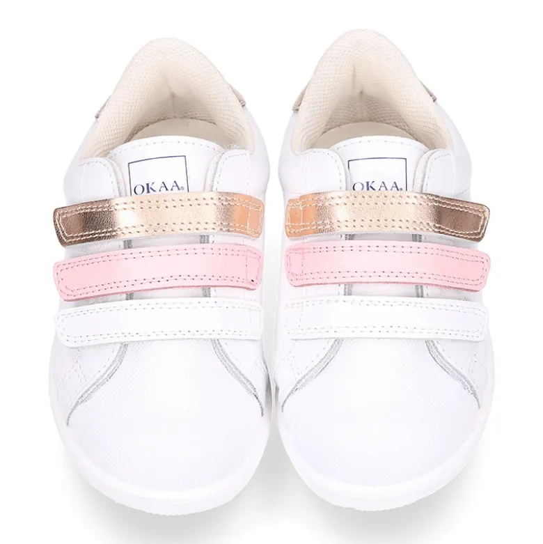 Deportiva niña sin cordones con triple cierre adherente combinado en piel lavable.