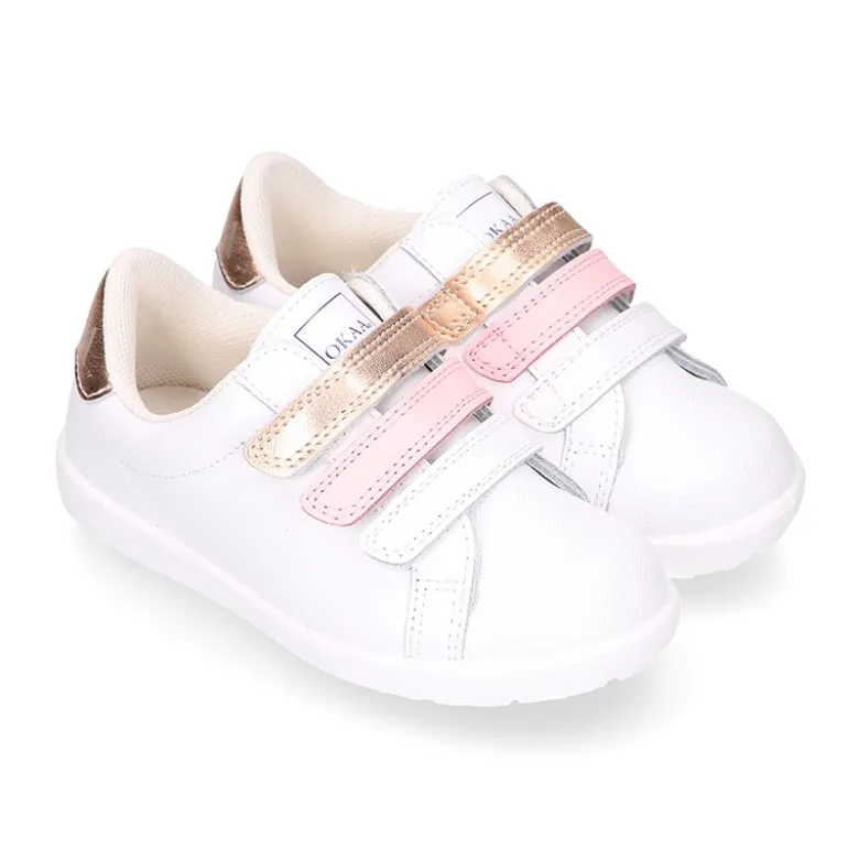 Deportiva niña sin cordones con triple cierre adherente combinado en piel lavable.