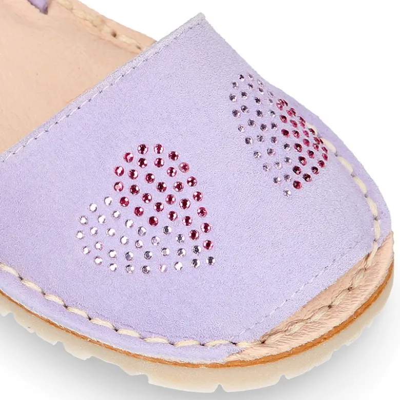 Menorquina niña Tira en piel ante lila con diseño con CORAZONES.
