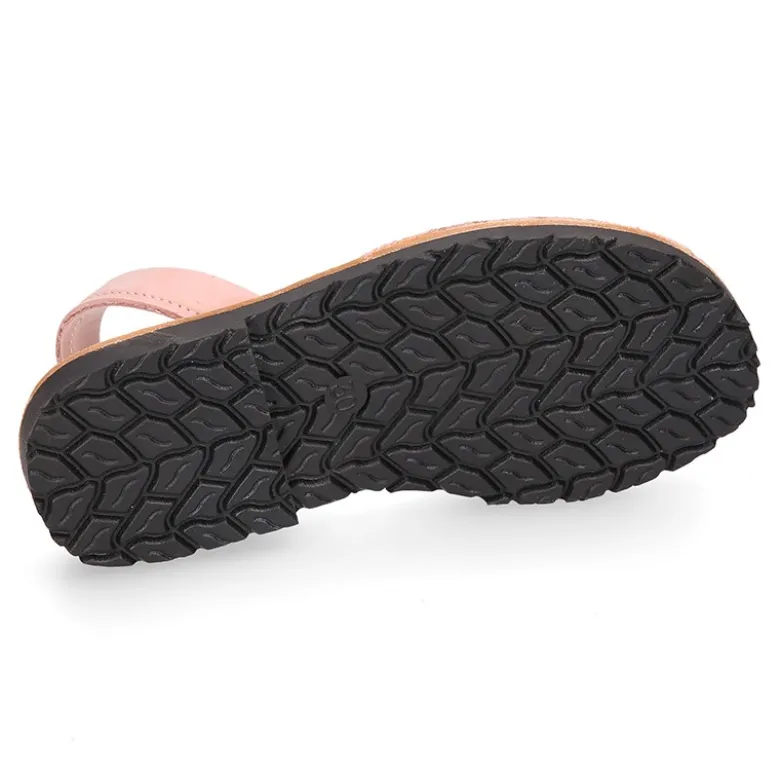 Menorquina niños tira en piel NOBUCK SUAVE en color rosa.