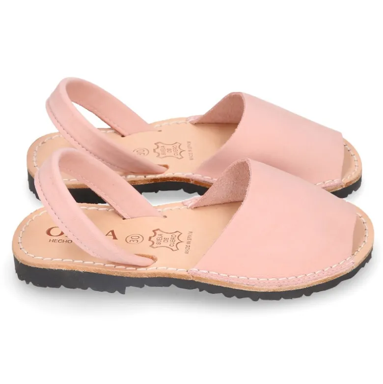 Menorquina niños tira en piel NOBUCK SUAVE en color rosa.