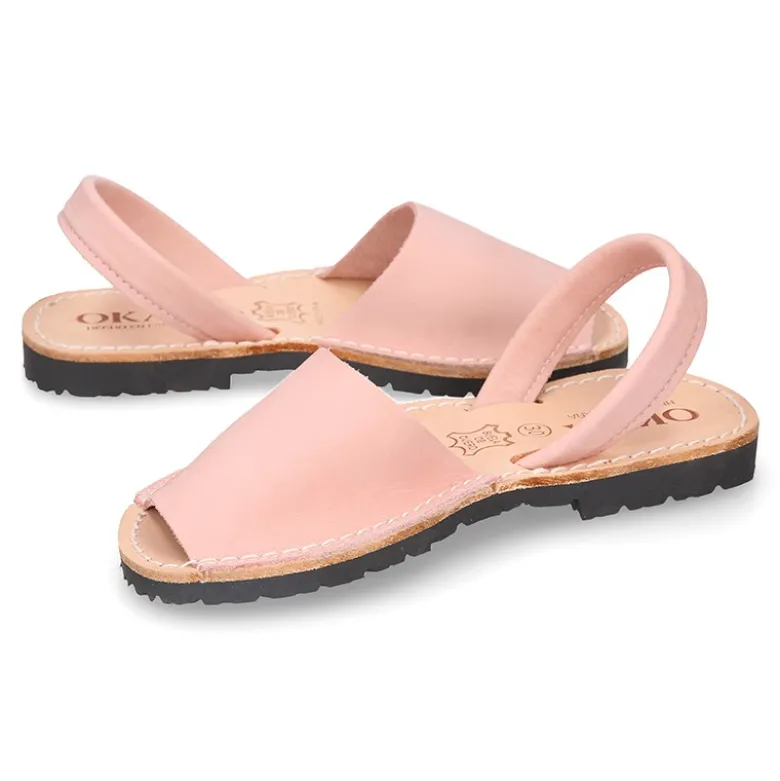 Menorquina niños tira en piel NOBUCK SUAVE en color rosa.