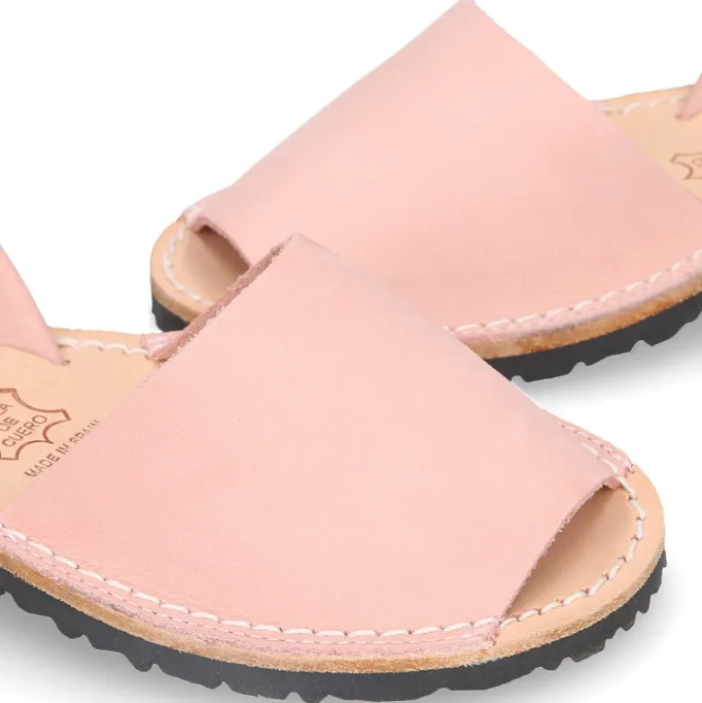 Menorquina niños tira en piel NOBUCK SUAVE en color rosa.