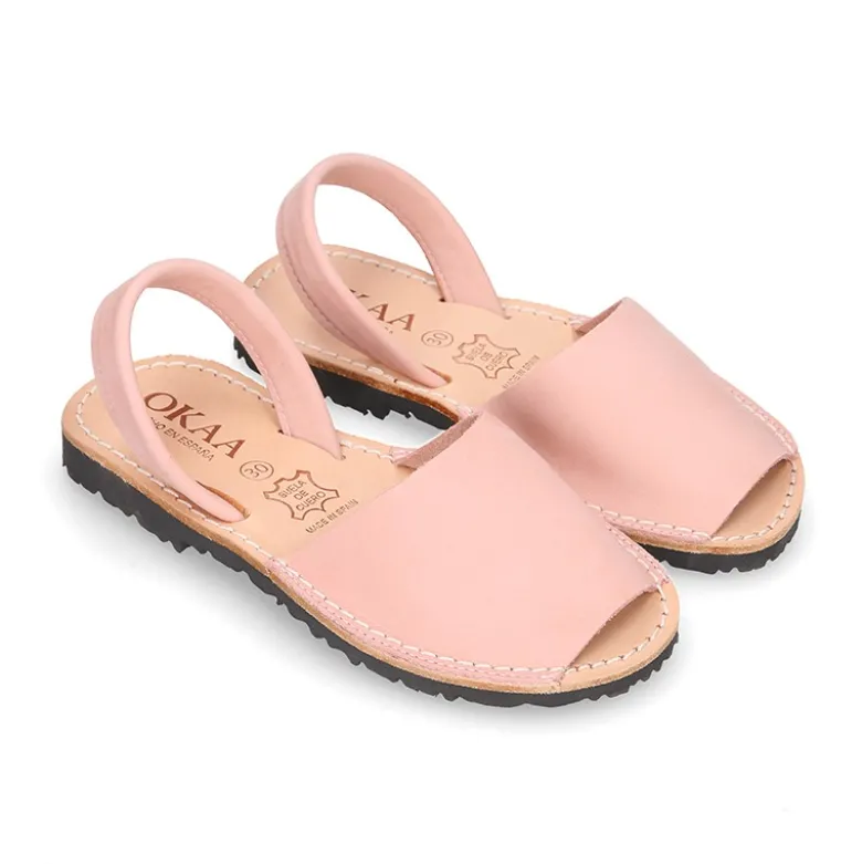 Menorquina niños tira en piel NOBUCK SUAVE en color rosa.
