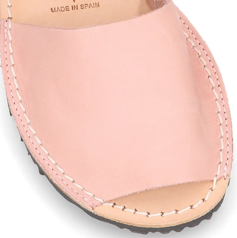 Menorquina niños tira en piel NOBUCK SUAVE en color rosa.