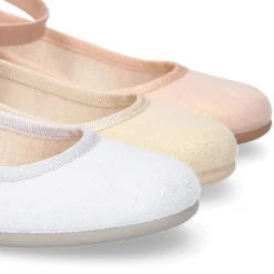 Mercedita niña tipo BALLET con correa o cintas seda en lona METALIZADA.