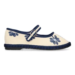 Merceditas de lino beige bordadas en azul para mujer