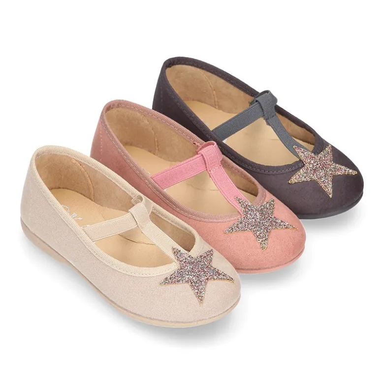 Merceditas en forma de T con elástico y ESTRELLAS en Serratex.