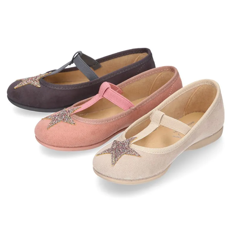 Merceditas en forma de T con elástico y ESTRELLAS en Serratex.
