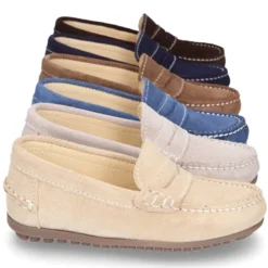 Mocasín antifaz niños mayores piso conductor en piel serraje.