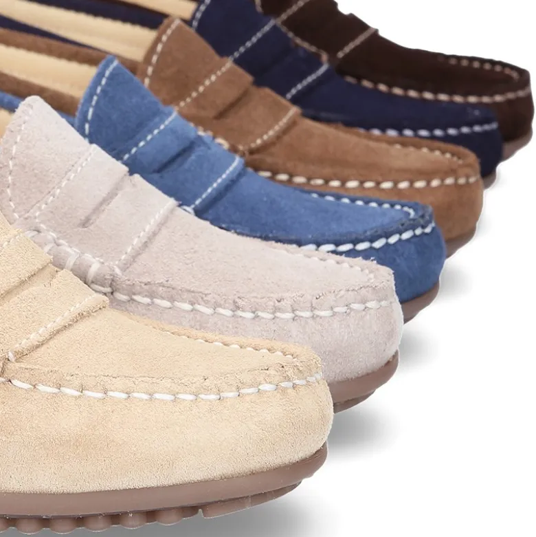 Mocasín antifaz niños mayores piso conductor en piel serraje.