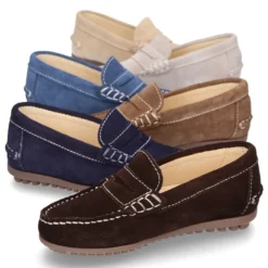 Mocasín antifaz niños mayores piso conductor en piel serraje.