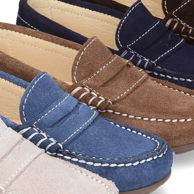 Mocasín antifaz niños mayores piso conductor en piel serraje.