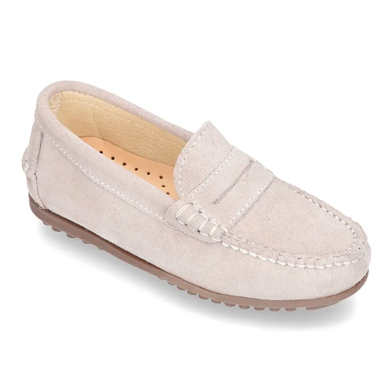 Mocasín antifaz niños mayores piso conductor en piel serraje.