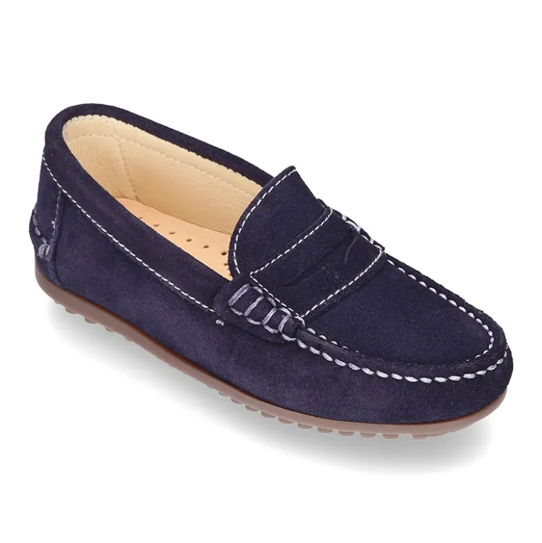 Mocasín antifaz niños mayores piso conductor en piel serraje.