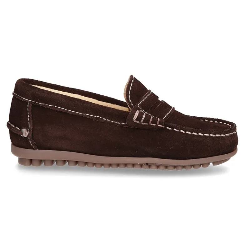 Mocasín antifaz niños mayores piso conductor en piel serraje.
