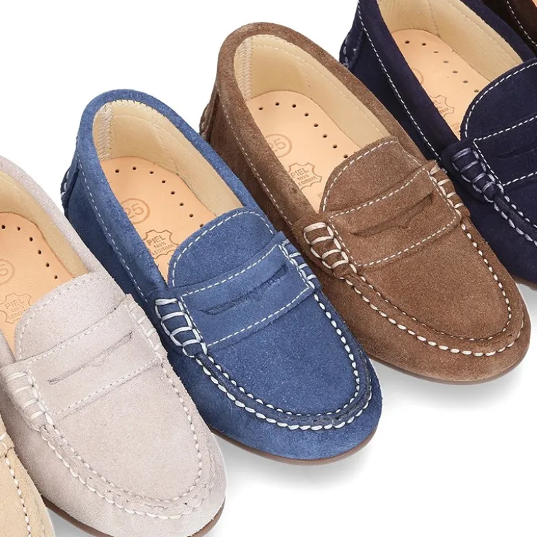Mocasín antifaz niños mayores piso conductor en piel serraje.