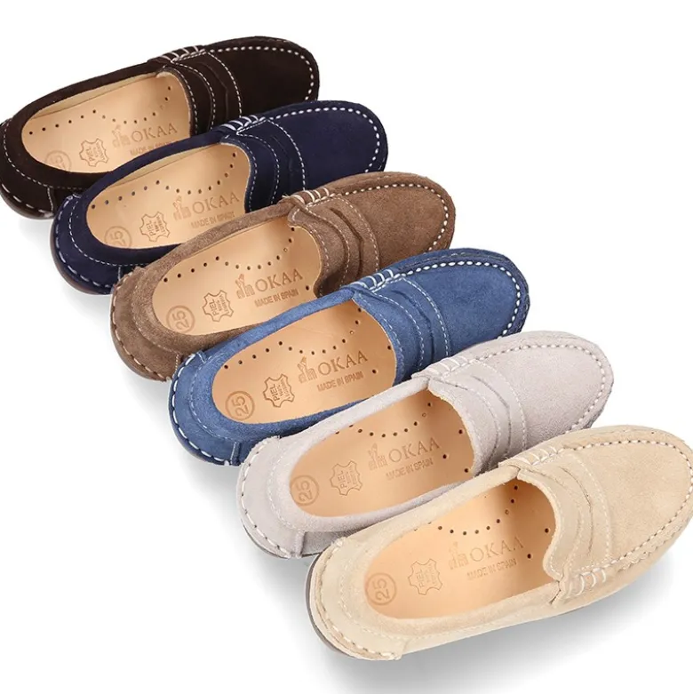 Mocasín antifaz niños mayores piso conductor en piel serraje.