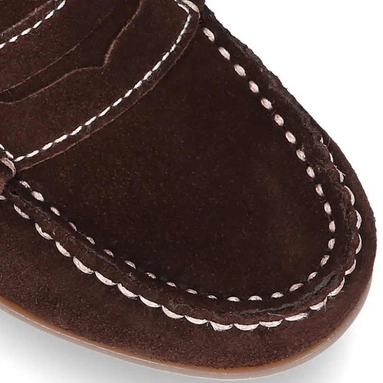 Mocasín antifaz niños mayores piso conductor en piel serraje.