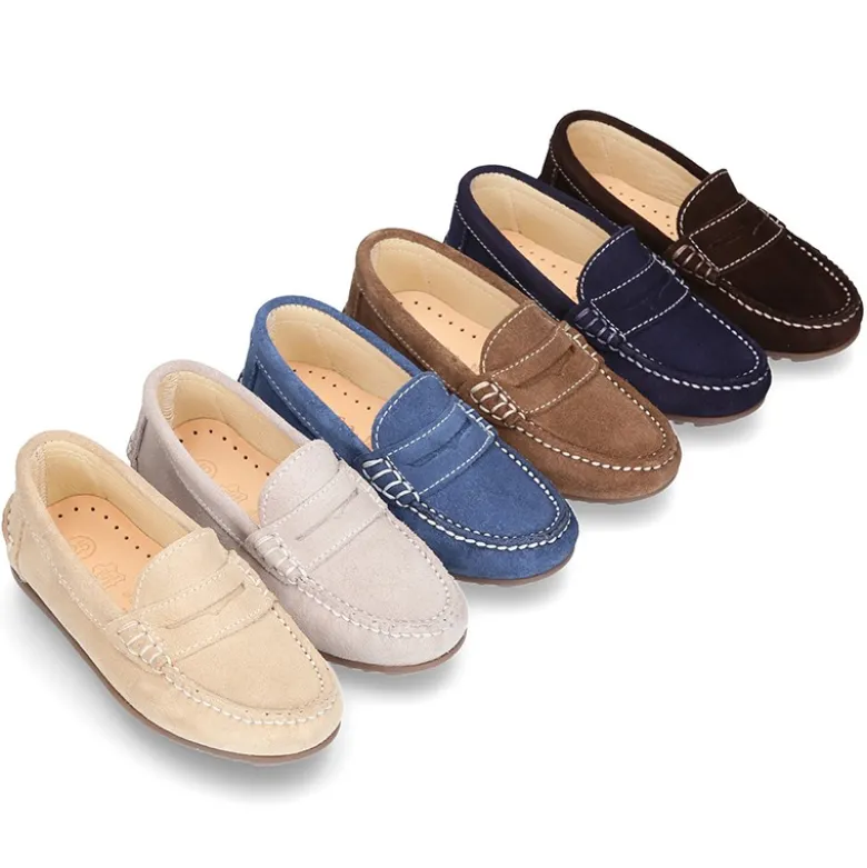 Mocasín antifaz niños mayores piso conductor en piel serraje.