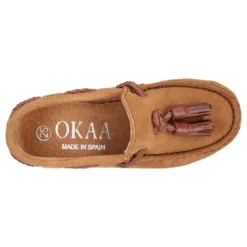 Mocasín borlas mayores en piel serraje cuero.