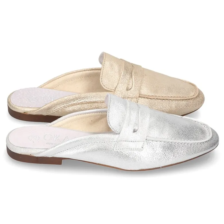 Mocasín destalonado tipo MULE en piel Metalizada.